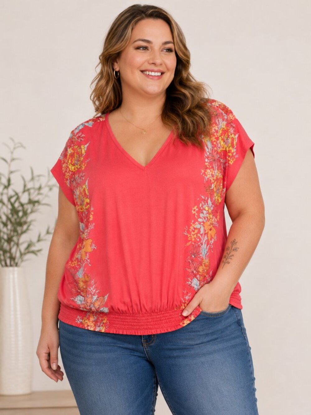 Old Navy Women’s 1X Coral Floral V-Neck Smocked Hem Dolman Sleeve Top